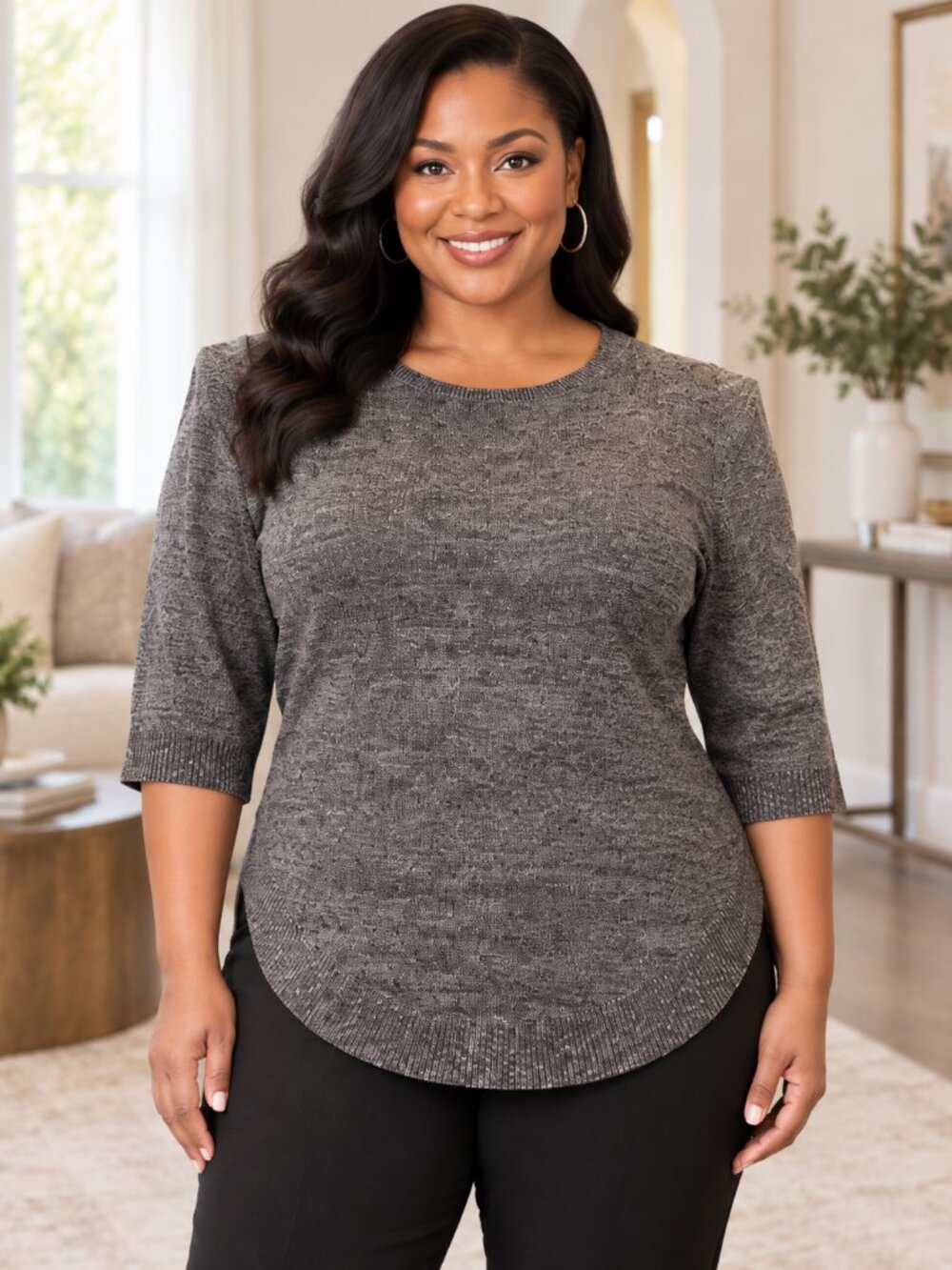 Ashley Stewart Plus Size 18/20 Gunmetal Ribbed Knit Top Soft Stretch Asym Hem